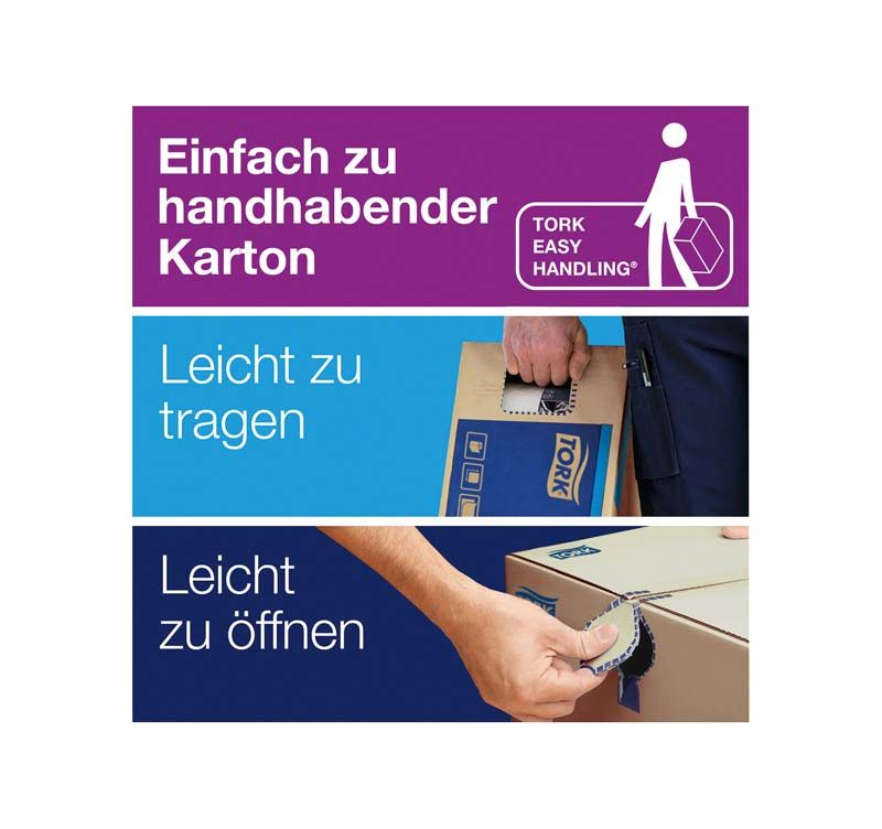 Einfach zu öffnender Tork-Karton mit Tragegriff und Prägung.