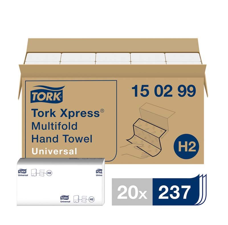 Offene Verpackung Tork Xpress® Multifold Handtücher H2 mit Kartondetails und Faltdarstellung.