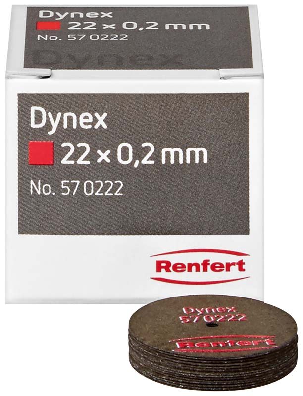 Verpackung und Produktansicht der Dynex Trennscheiben für Dentalanwendungen.