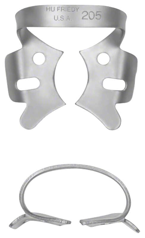 Kofferdam-Klammer Satin Steel Figur 205 für OK-Molaren in Silber.