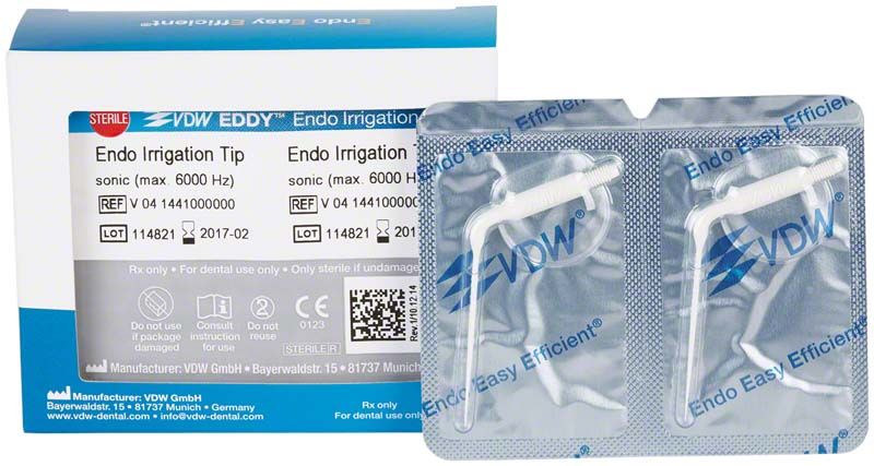 Verpackung der EDDY™ Endo-Spülspitzen mit zwei Spülspitzen sichtbar.