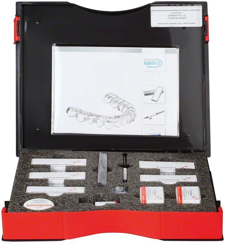DURASPLINT® LC Kit mit Zahnschiene und Zubehör in offenem Etui.