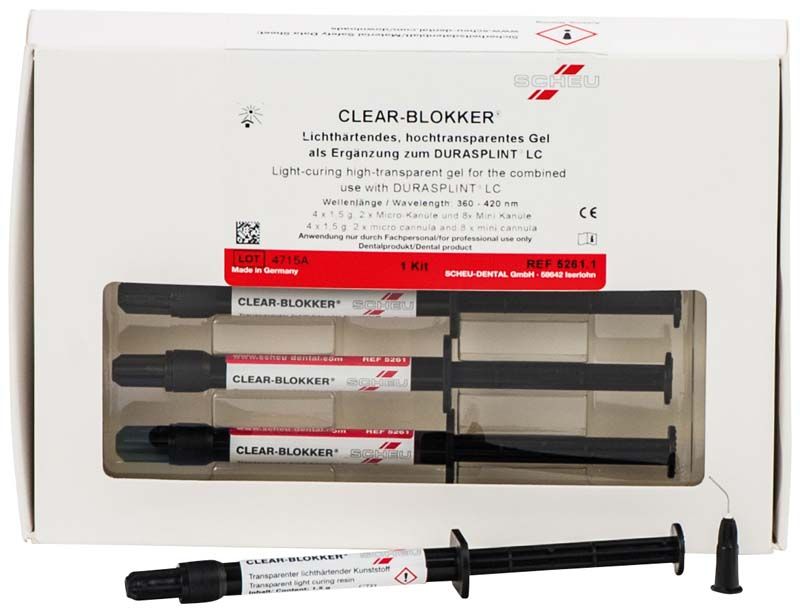 Verpackung mit vier Clear-Blokker-Gelspritzen und separater Kanülenspitze.