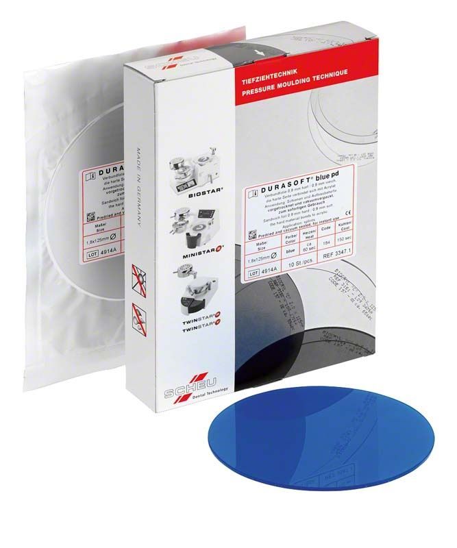 DURASOFT® blue pd 1,8mm Platte mit Verpackung und Beipackzettel.