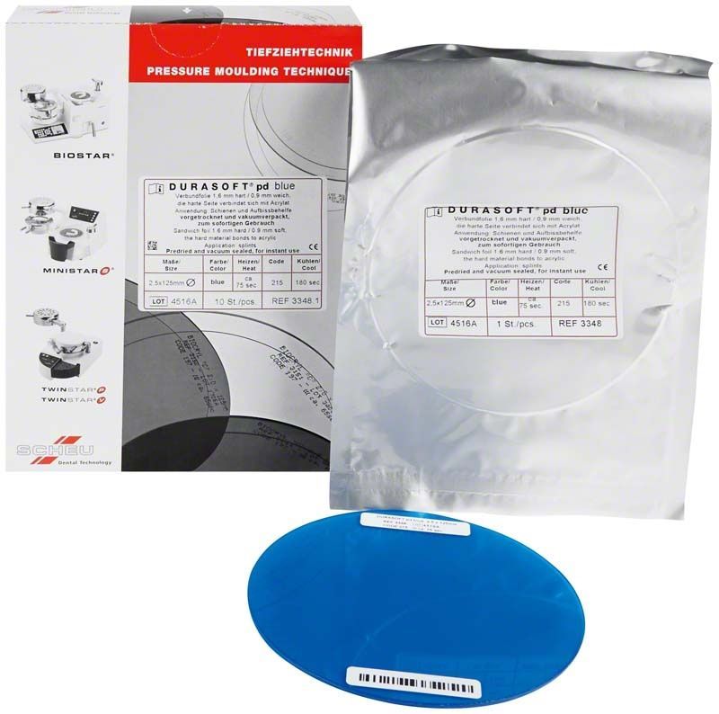 Verpackung und blaue DURASOFT® pd 2,5mm Platte für Tiefziehtechnik.