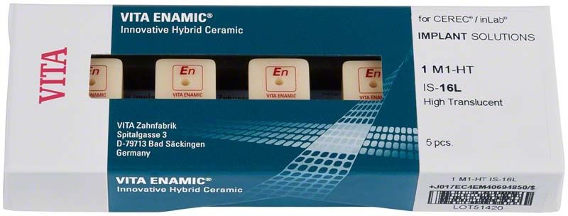 VITA ENAMIC® IS 16L HT 1M1 Zahntechnik-Block in Verpackung.