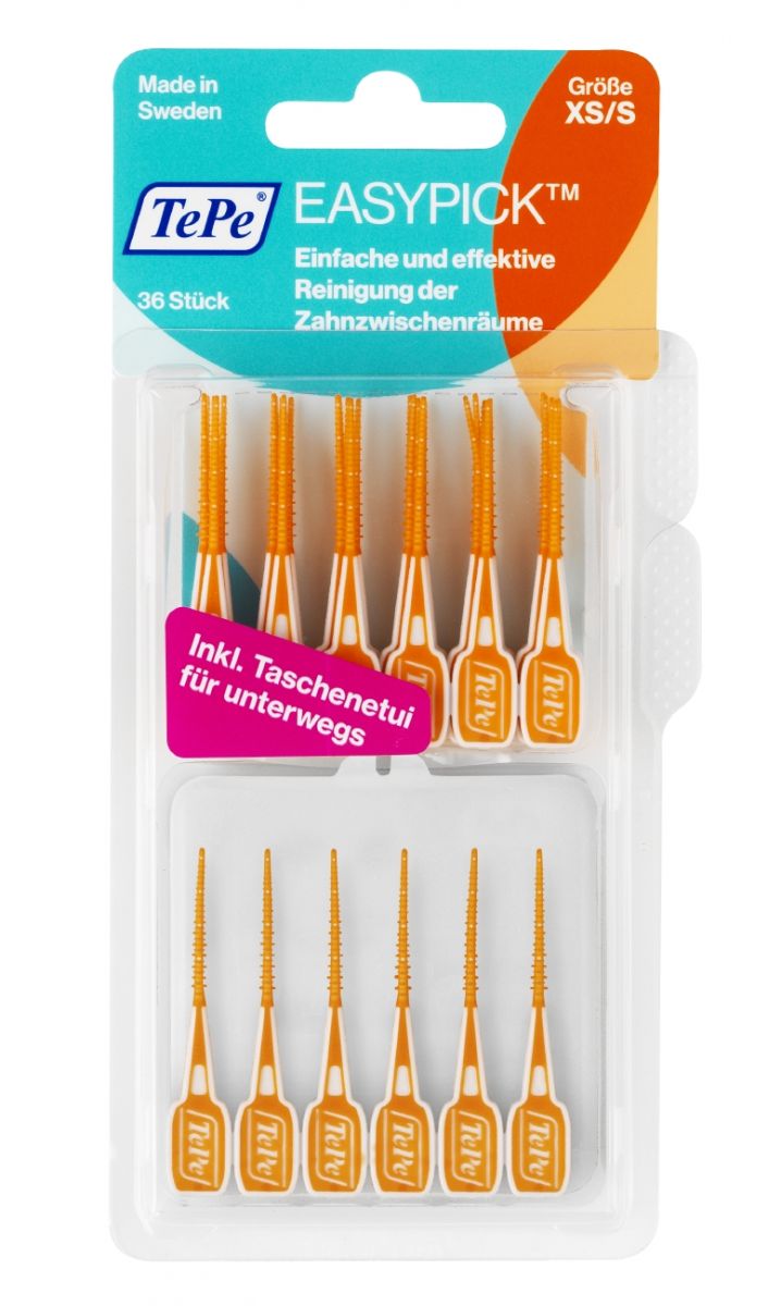 Verpackung von EasyPick™ 36 Stk., orange XS/S, für Zahnzwischenraumreinigung.