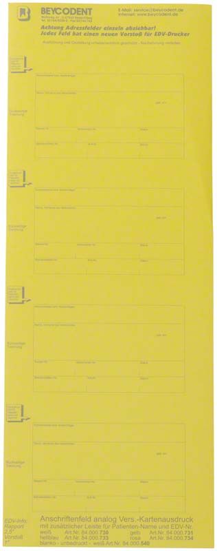 Adressfeldstreifen 730 in Gelb für Chipkartenausdruck mit Patientendetails.