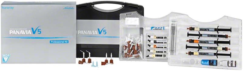 Panavia V5 Professional Kit mit Zubehör und Verpackung für dentalen Einsatz.