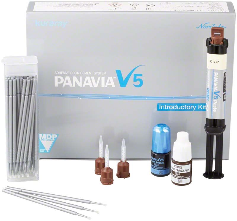 Panavia V5 Intro Kit für Zahnärzte mit Zement, Applikatoren und Zubehör.
