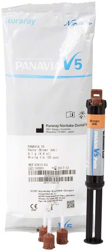 Panavia V5 Paste Refill A4 Brown mit Applikatorkappen und Verpackung.