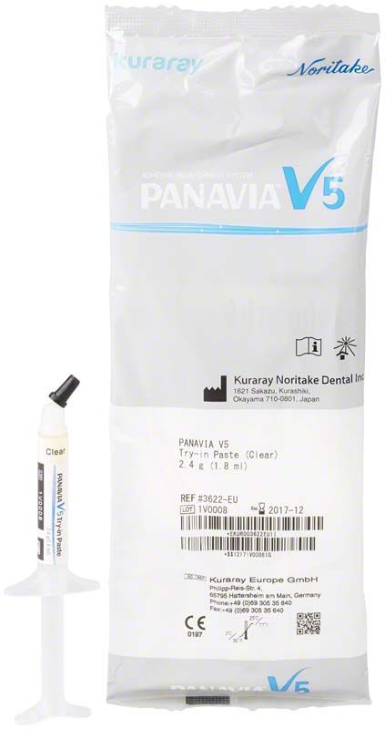 Panavia V5 Try-in Paste Clear Spritze und Verpackung mit Produktinformationen.