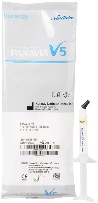 Panavia V5 Try-in Paste Opaque in weißer Spritze mit Verpackung.