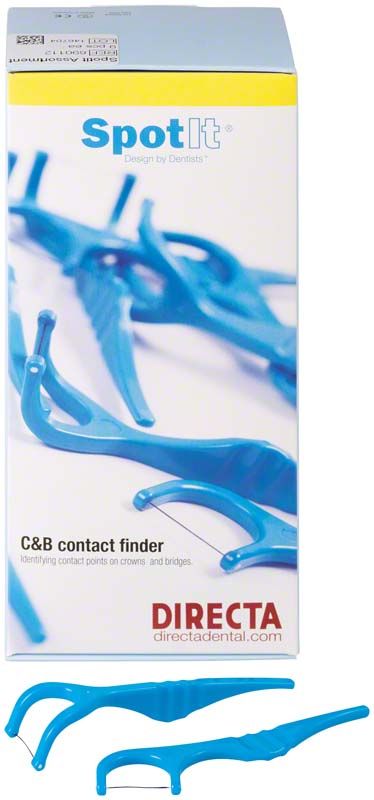 Verpackung von SpotIt® Kontaktpunktsucher mit blauen Dentalinstrumenten.