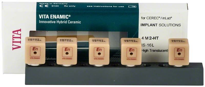 VITA ENAMIC® IS Blöcke für CEREC®/inLab® auf Halterung vor Verpackung.