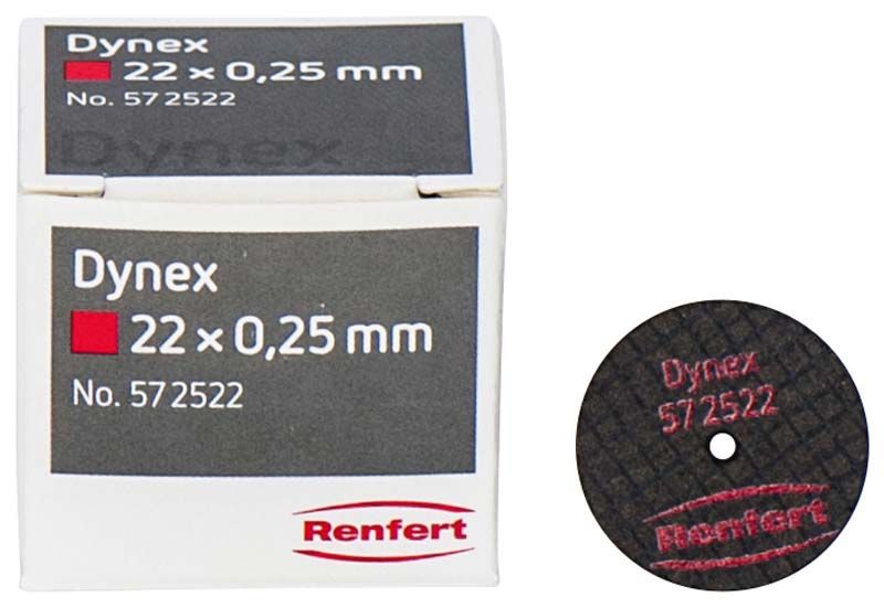 Dynex Trennscheibe und Verpackung, Ø 22mm, Stärke 0,25mm, mit rotem Aufdruck.