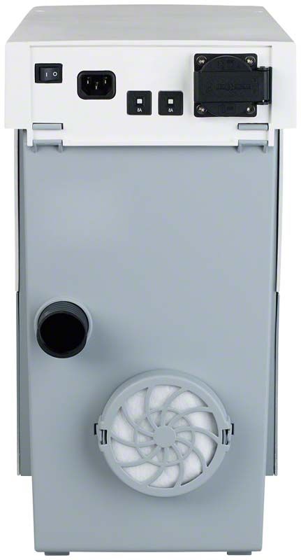 Silent compact Absauganlage Rückseite mit Anschlüssen und Lüftungsgitter.