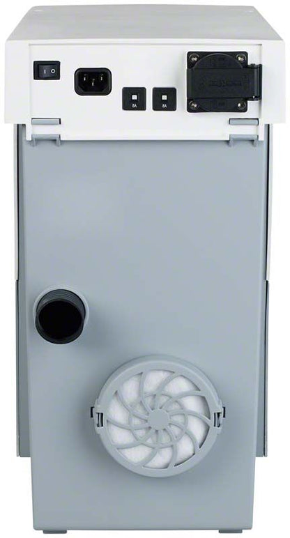 Silent compact Absauganlage Rückseite mit Anschlüssen und Lüftungsgitter.