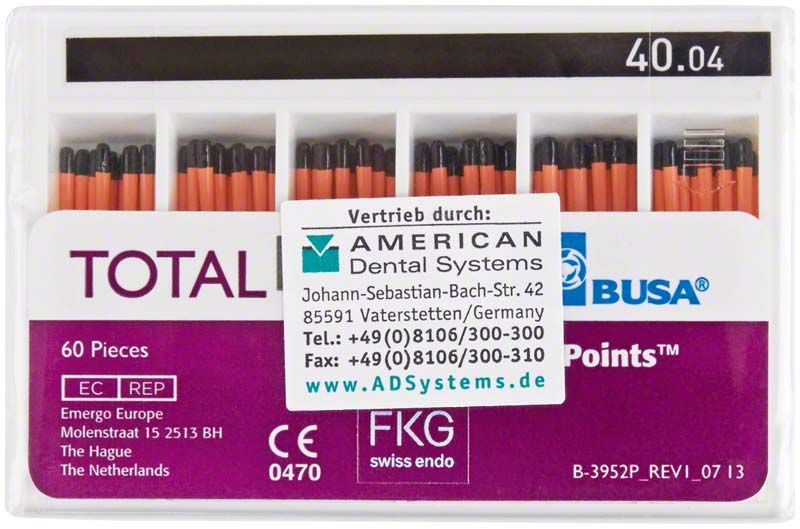 Guttaperchaspitzen TotalFill® BC Points™ Taper .04 Iso 040 in Verpackung.