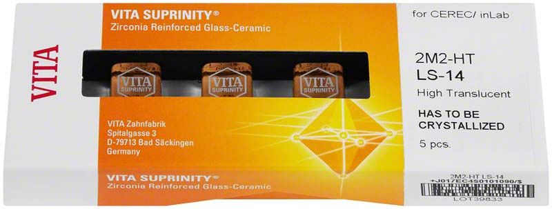 Verpackung von VITA SUPRINITY® PC HT 2M2 für CEREC®/inLab® mit fünf Einheiten.