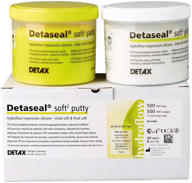 Detaseal hydroflow soft² putty in gelber und weißer Verpackung.