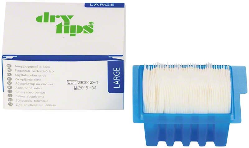 Unsterile Dry Tips® large Speichelabsorber in blauer Verpackung.