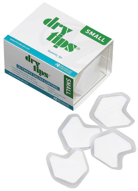 Unsteriles Parotispflaster Dry Tips® small mit Verpackung und Speichelabsorbern.