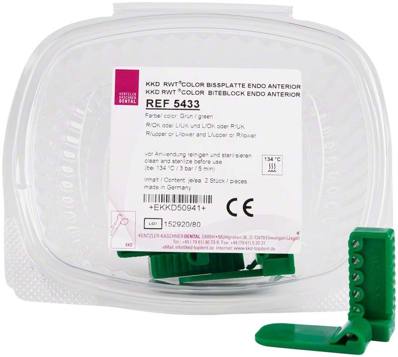 KKD RWT COLOR Bissplatten Endo Anterior in grün mit Verpackungsetikett.