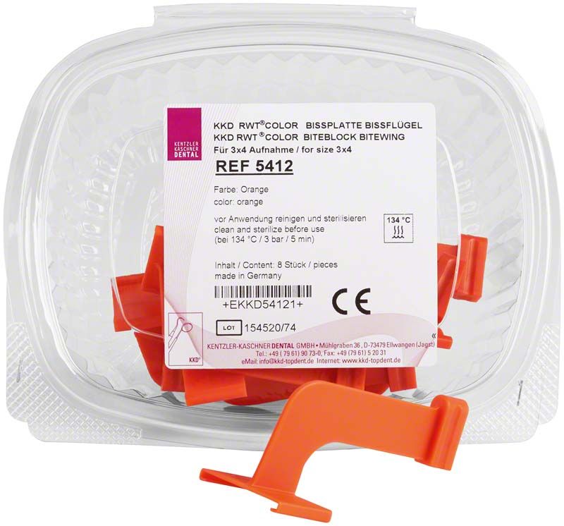 KKD RWT COLOR Bissplatten Bissflügel orange in transparenter Verpackung.