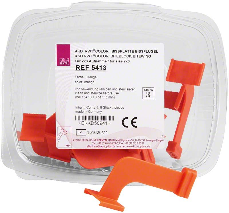 Orangefarbene KKD® RWT® Bissplatten Bissflügel für 2 x 3 cm Aufnahmen.