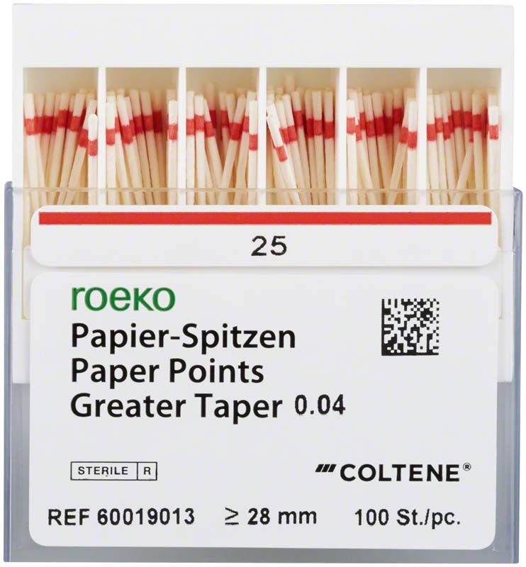 Papierspitzen ROEKO Greater Taper 0.04, Größe 25, in Schiebeschachtel.