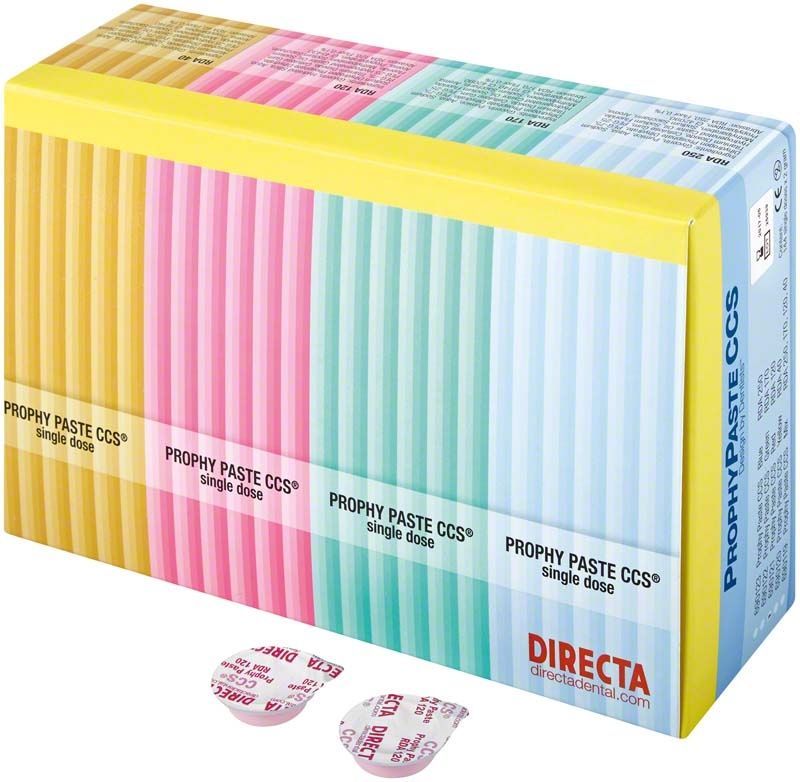 Prophy Paste CCS Einzeldosis-Verpackung mit mehrfarbigen Streifen und Directa-Logo.