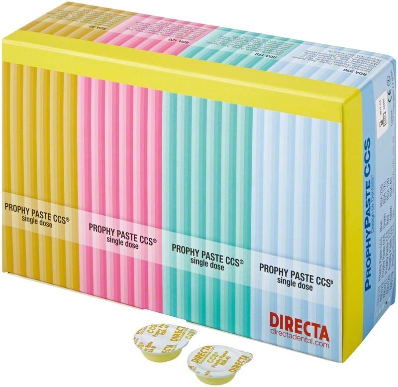 Verpackung der Prophy Paste CCS Einzeldosis mit buntem Streifendesign.