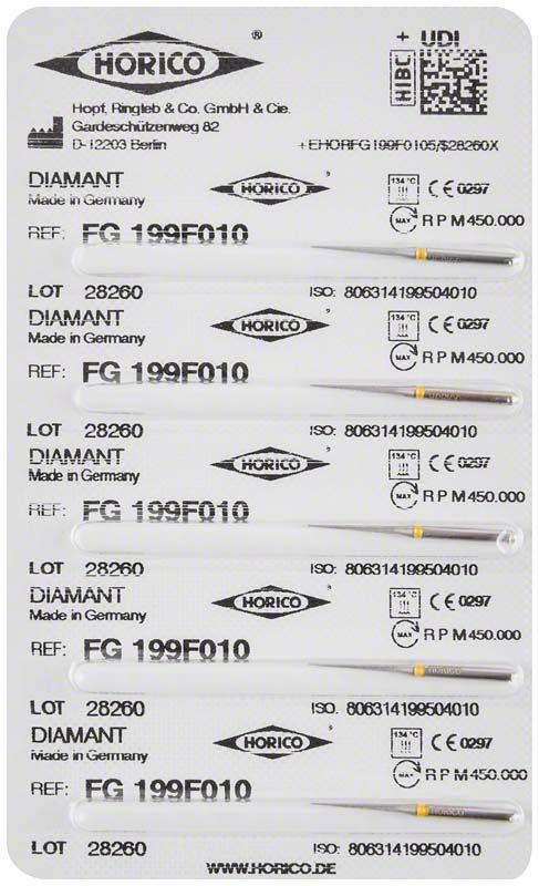 Blisterverpackung mit fünf Diamantbohrern Diamant FG 199F 010 von Horico.