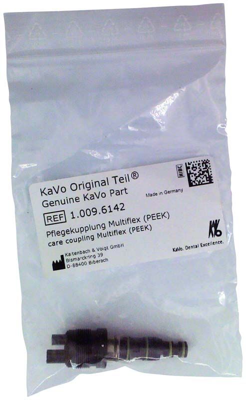 Pflegekupplung MULTIflex in transparenter Verpackung mit Etikett.