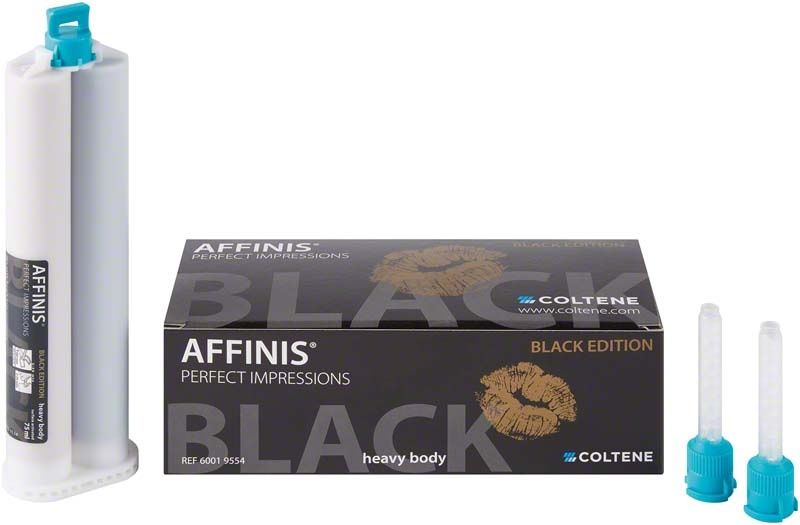 AFFINIS® heavy body BLACK EDITION Abformmaterial mit zwei Mischkanülen.