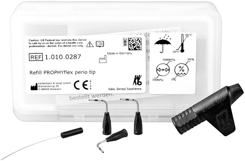 PROPHYflex™ Perio Tips Set mit Pulverstrahldüsen und Verpackungselementen.