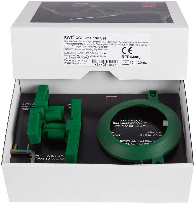 KKD® RWT® COLOR Endo Set mit grünen dentalen Röntgenhalterungen.