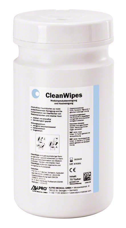 Behälter mit CleanWipes Dose, 70 Tücher zur Medizinproduktreinigung.