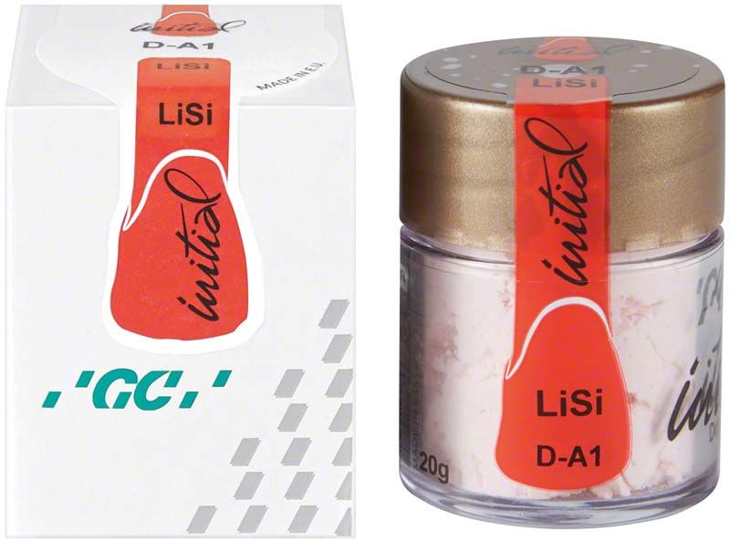 GC Initial LiSi Dentin A1 Pulver in Glasbehälter mit Verpackung.