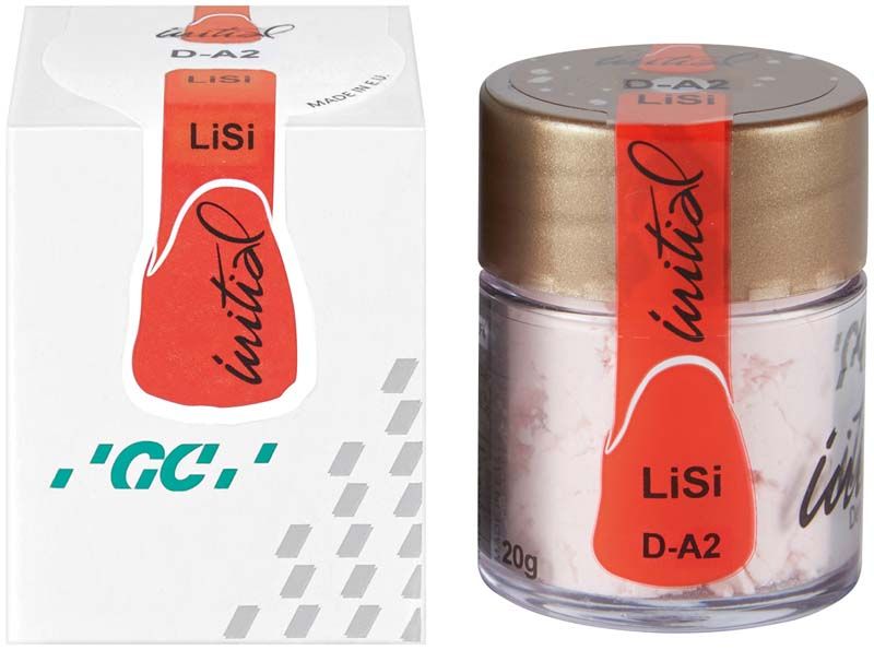 GC Initial LiSi Dentin A2 Verpackung mit Glasbehälter und rotem Etikett.