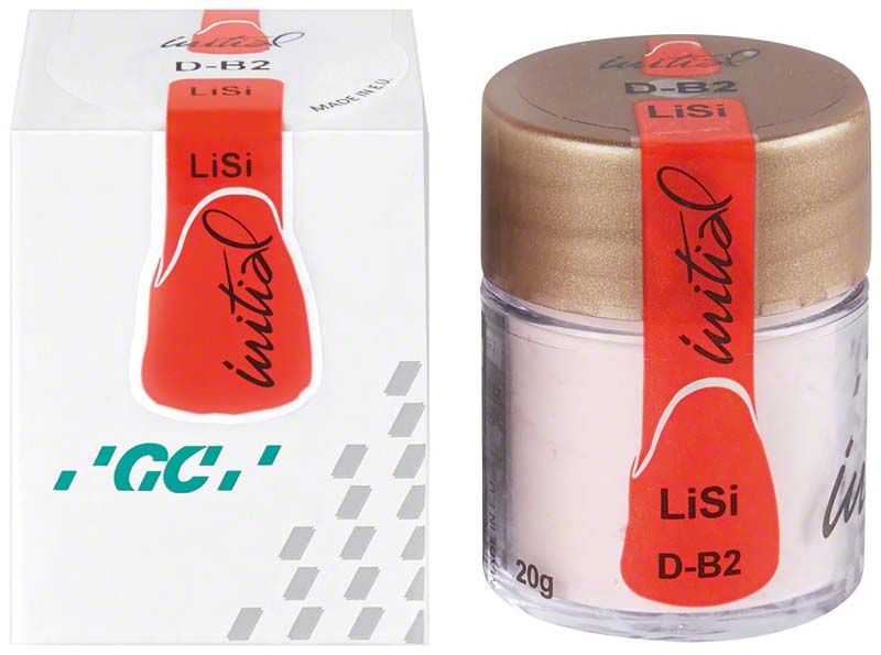 GC Initial LiSi Dentin B2 in transparenter Dose mit goldfarbenem Deckel.