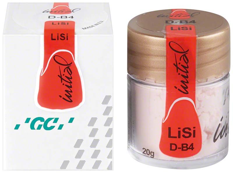 Zahntechnisches Material GC Initial LiSi Dentin B4 in Glasbehälter und Verpackung.