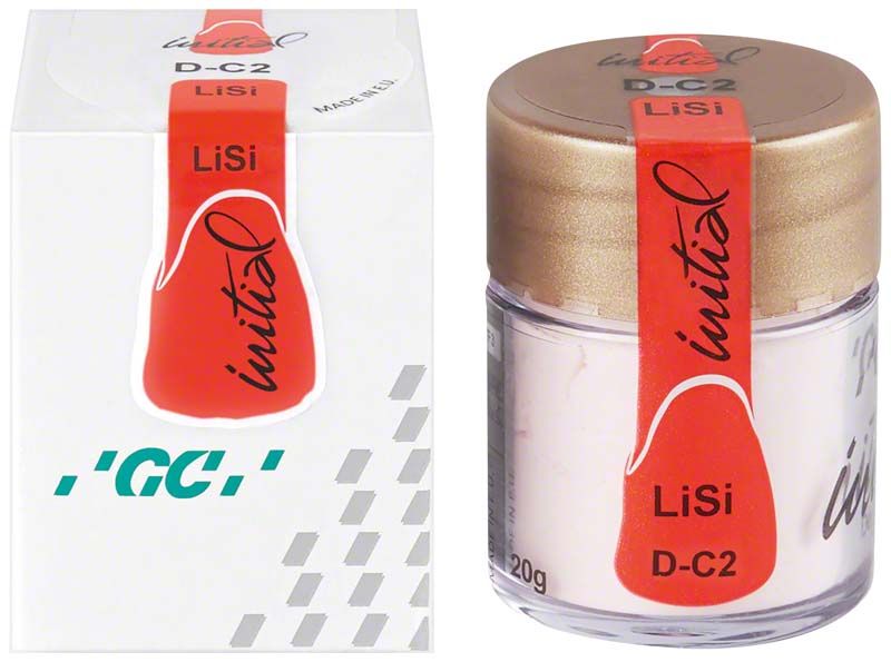GC Initial LiSi Dentin C2 in Glasbehälter mit rotem Siegel und Verpackung.