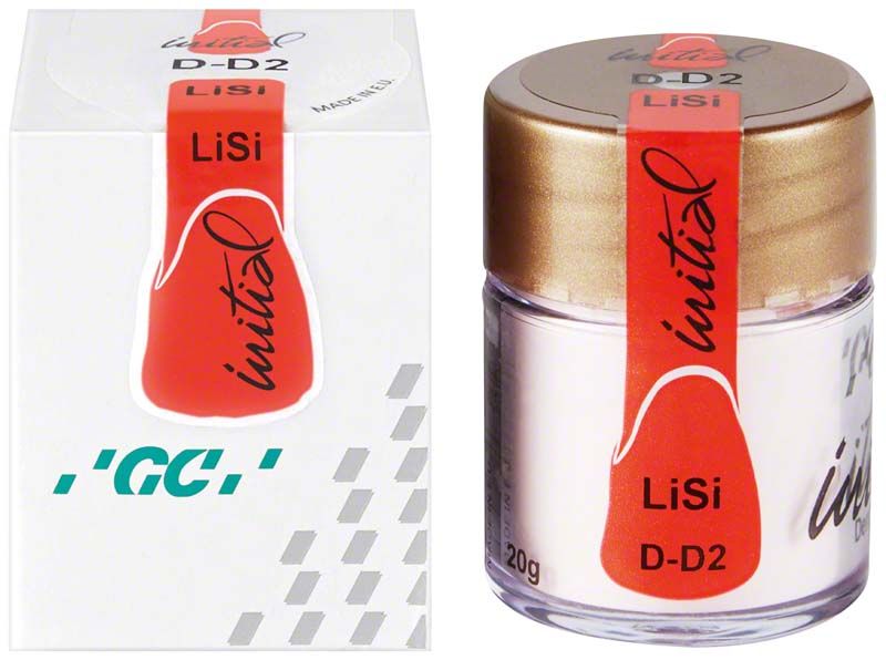 Glas mit GC Initial LiSi Dentin D2 neben Verpackung.
