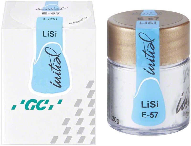 Glasbehälter mit LiSi Enamel E-57 Zahnkeramikpulver und Verpackung.