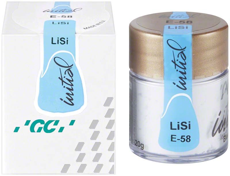 GC Initial LiSi Enamel E-58 in Verpackung mit Glasbehälter und blauem Etikett
