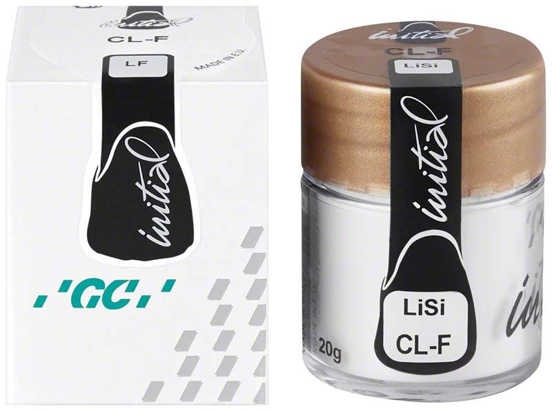 GC Initial LiSi Clear Fluoreszenz CL-F Zahntechniker-Keramik im Glasbehälter und Verpackung.