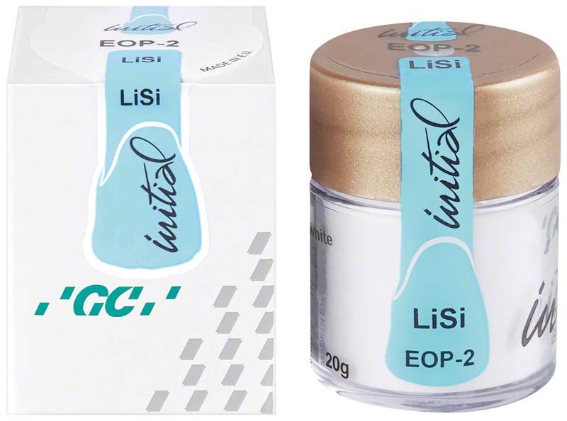Glasbehälter mit GC Initial LiSi Enamel Opal EOP-2 und Verpackung.