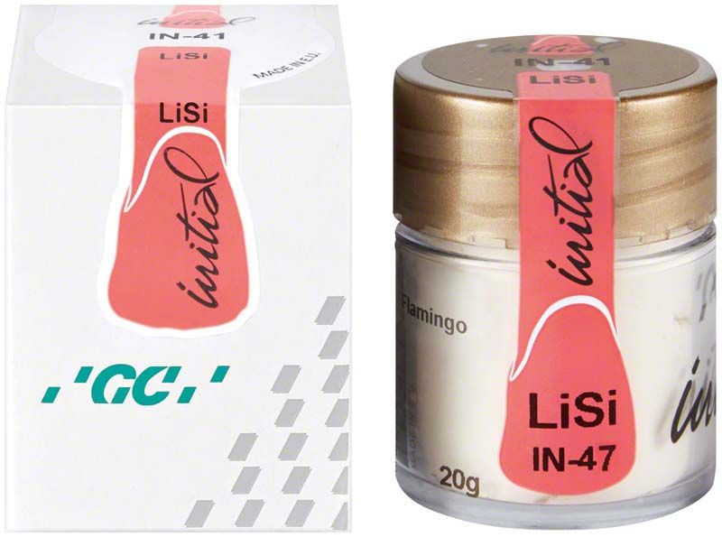GC Initial LiSi INside IN-41 Flamingo Glasurpaste in einem Glasbehälter mit goldfarbenem Deckel.